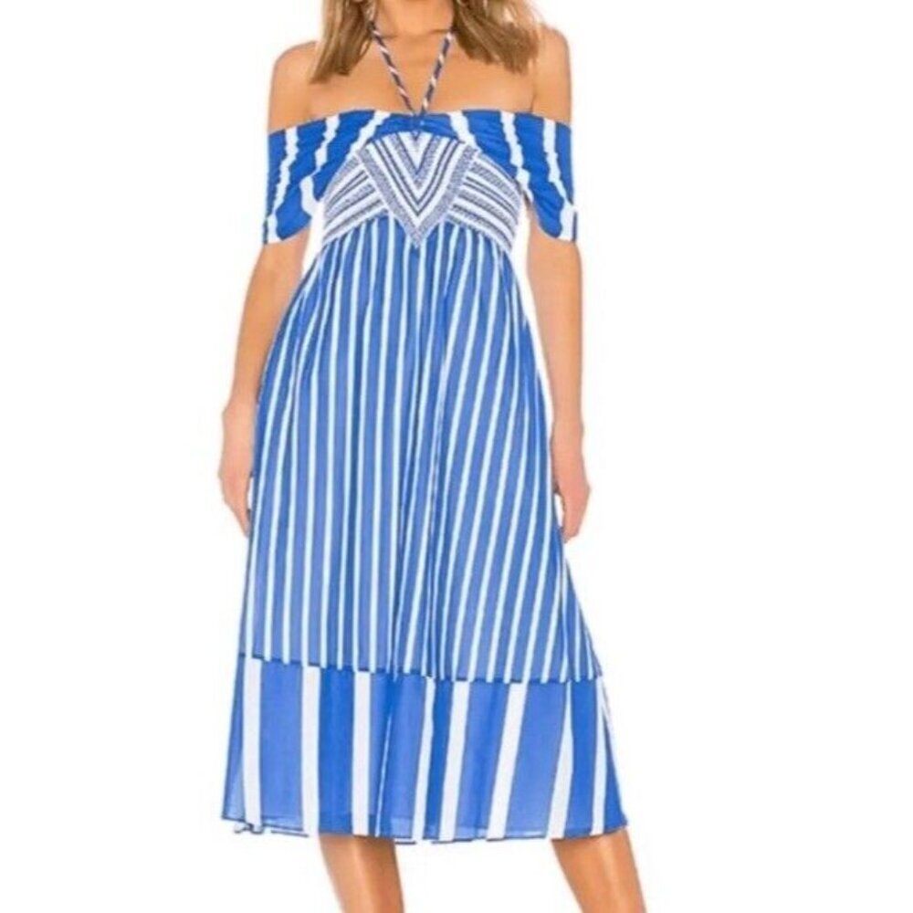Tanya Taylor Sz 2 Midi Dress Celina Smocked Blue Striped Halter Summer Preppy